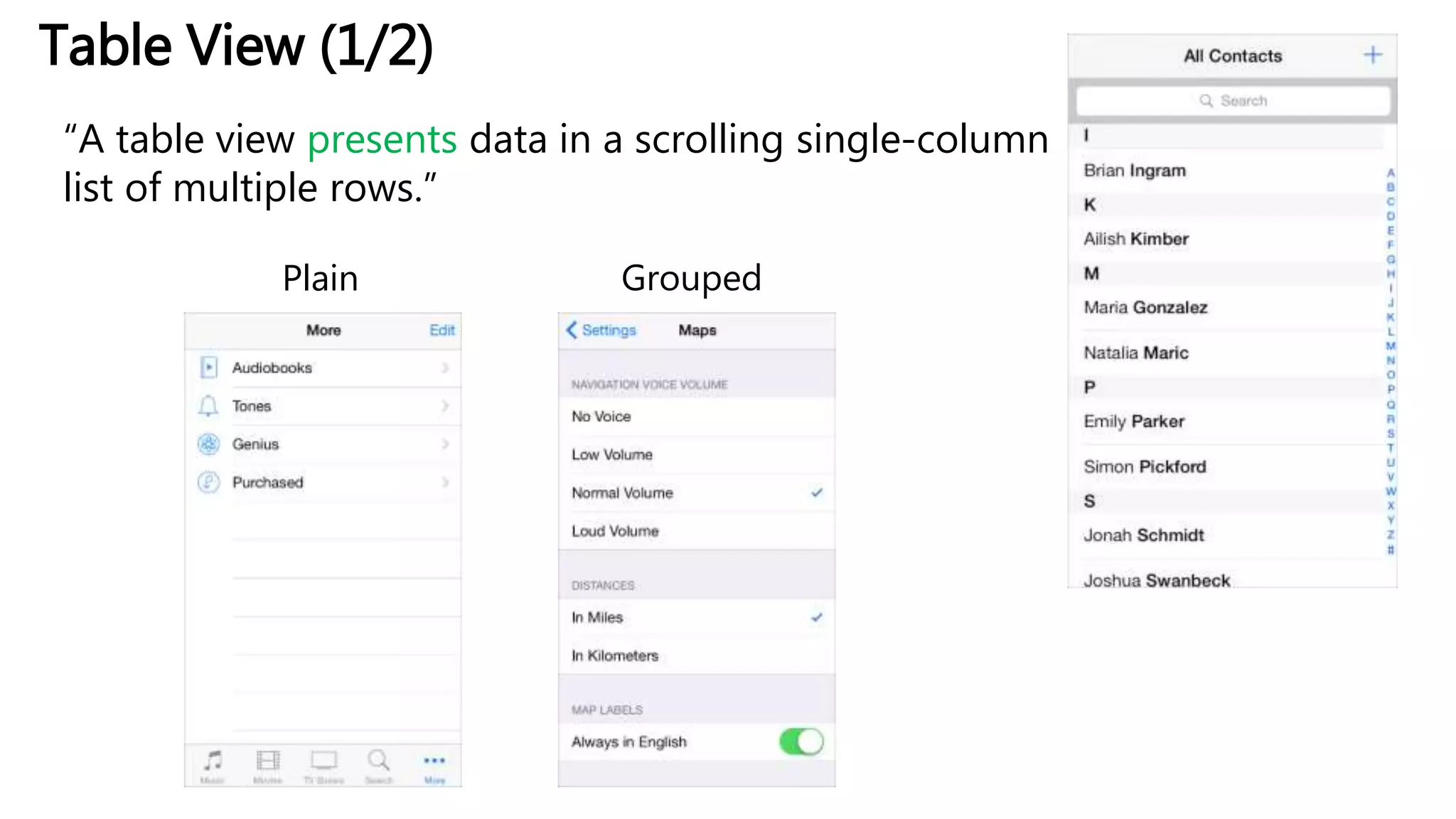 Table View (1/2)
“A table view presents data in a scrolling single-column
list of multiple rows.”
Plain Grouped
 