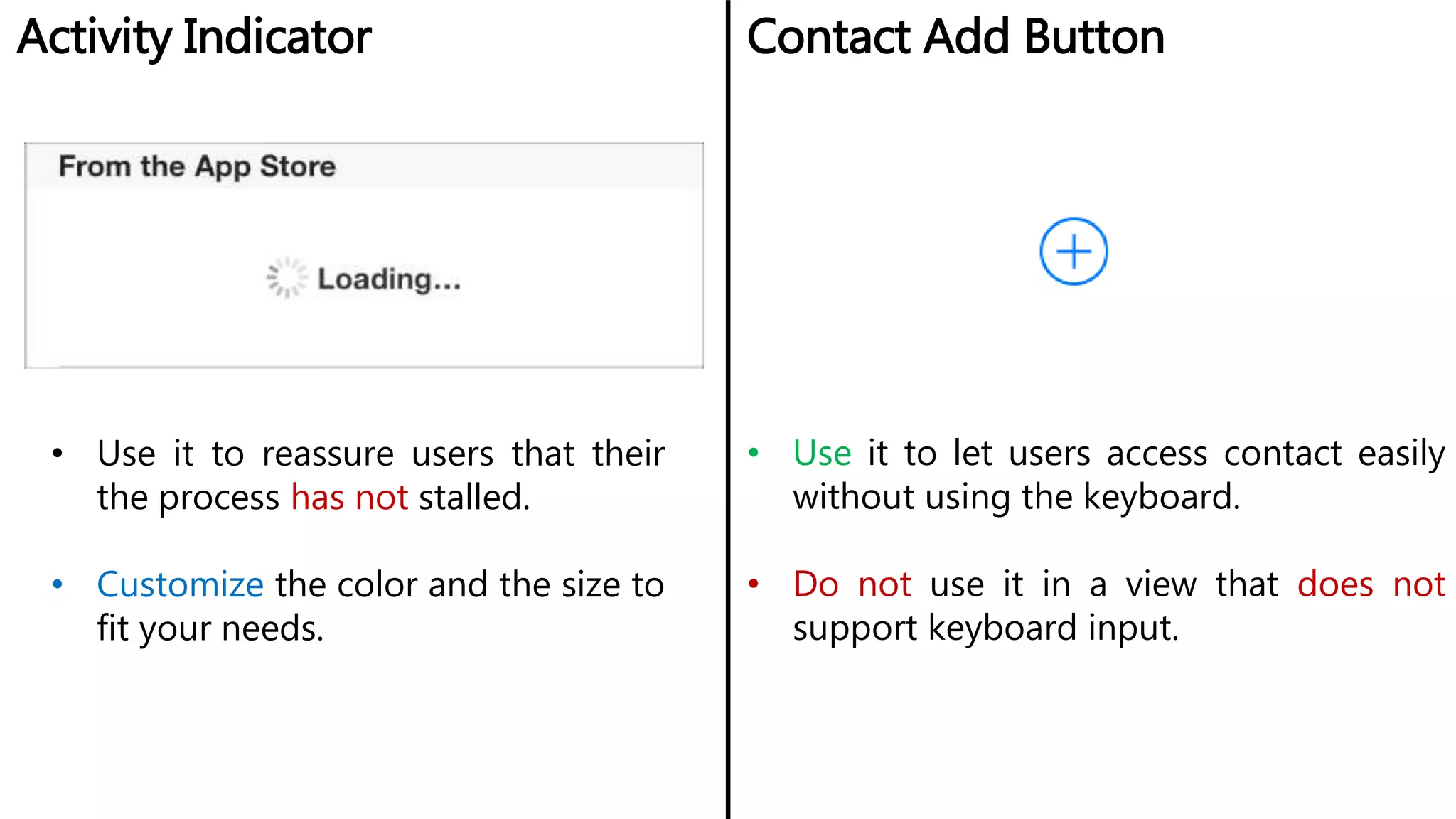 Activity Indicator Contact Add Button
• Use it to reassure users that their
the process has not stalled.
• Customize the color and the size to
fit your needs.
• Use it to let users access contact easily
without using the keyboard.
• Do not use it in a view that does not
support keyboard input.
 