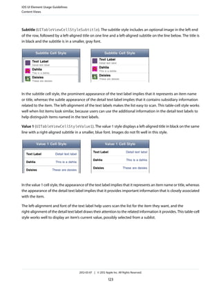 iOS UI Element Usage Guidelines
Content Views




Subtitle (UITableViewCellStyleSubtitle). The subtitle style includes an optional image in the left end
of the row, followed by a left-aligned title on one line and a left-aligned subtitle on the line below. The title is
in black and the subtitle is in a smaller, gray font.




In the subtitle cell style, the prominent appearance of the text label implies that it represents an item name
or title, whereas the subtle appearance of the detail text label implies that it contains subsidiary information
related to the item. The left-alignment of the text labels makes the list easy to scan. This table-cell style works
well when list items look similar, because users can use the additional information in the detail text labels to
help distinguish items named in the text labels.

Value 1 (UITableViewCellStyleValue1). The value 1 style displays a left-aligned title in black on the same
line with a right-aligned subtitle in a smaller, blue font. Images do not fit well in this style.




In the value 1 cell style, the appearance of the text label implies that it represents an item name or title, whereas
the appearance of the detail text label implies that it provides important information that is closely associated
with the item.

The left-alignment and font of the text label help users scan the list for the item they want, and the
right-alignment of the detail text label draws their attention to the related information it provides. This table-cell
style works well to display an item’s current value, possibly selected from a sublist.




                                      2012-03-07 | © 2012 Apple Inc. All Rights Reserved.

                                                             123
 