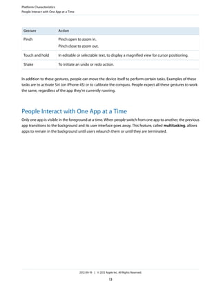 Platform Characteristics
People Interact with One App at a Time




 Gesture                  Action

 Pinch                    Pinch open to zoom in.
                          Pinch close to zoom out.

 Touch and hold           In editable or selectable text, to display a magnified view for cursor positioning.

 Shake                    To initiate an undo or redo action.


In addition to these gestures, people can move the device itself to perform certain tasks. Examples of these
tasks are to activate Siri (on iPhone 4S) or to calibrate the compass. People expect all these gestures to work
the same, regardless of the app they’re currently running.




People Interact with One App at a Time
Only one app is visible in the foreground at a time. When people switch from one app to another, the previous
app transitions to the background and its user interface goes away. This feature, called multitasking, allows
apps to remain in the background until users relaunch them or until they are terminated.




                                         2012-09-19 | © 2012 Apple Inc. All Rights Reserved.

                                                                 13
 