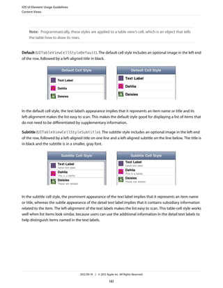 iOS UI Element Usage Guidelines
Content Views




    Note: Programmatically, these styles are applied to a table view’s cell, which is an object that tells
    the table how to draw its rows.


Default (UITableViewCellStyleDefault). The default cell style includes an optional image in the left end
of the row, followed by a left-aligned title in black.




In the default cell style, the text label’s appearance implies that it represents an item name or title and its
left-alignment makes the list easy to scan. This makes the default style good for displaying a list of items that
do not need to be differentiated by supplementary information.

Subtitle (UITableViewCellStyleSubtitle). The subtitle style includes an optional image in the left end
of the row, followed by a left-aligned title on one line and a left-aligned subtitle on the line below. The title is
in black and the subtitle is in a smaller, gray font.




In the subtitle cell style, the prominent appearance of the text label implies that it represents an item name
or title, whereas the subtle appearance of the detail text label implies that it contains subsidiary information
related to the item. The left-alignment of the text labels makes the list easy to scan. This table-cell style works
well when list items look similar, because users can use the additional information in the detail text labels to
help distinguish items named in the text labels.




                                     2012-09-19 | © 2012 Apple Inc. All Rights Reserved.

                                                            141
 
