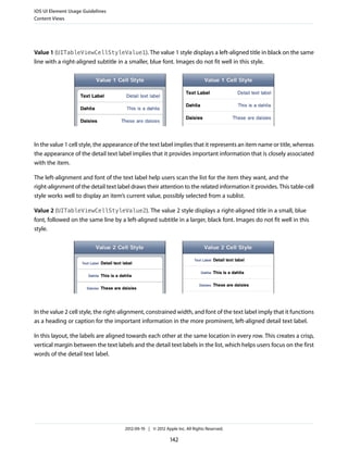iOS UI Element Usage Guidelines
Content Views




Value 1 (UITableViewCellStyleValue1). The value 1 style displays a left-aligned title in black on the same
line with a right-aligned subtitle in a smaller, blue font. Images do not fit well in this style.




In the value 1 cell style, the appearance of the text label implies that it represents an item name or title, whereas
the appearance of the detail text label implies that it provides important information that is closely associated
with the item.

The left-alignment and font of the text label help users scan the list for the item they want, and the
right-alignment of the detail text label draws their attention to the related information it provides. This table-cell
style works well to display an item’s current value, possibly selected from a sublist.

Value 2 (UITableViewCellStyleValue2). The value 2 style displays a right-aligned title in a small, blue
font, followed on the same line by a left-aligned subtitle in a larger, black font. Images do not fit well in this
style.




In the value 2 cell style, the right-alignment, constrained width, and font of the text label imply that it functions
as a heading or caption for the important information in the more prominent, left-aligned detail text label.

In this layout, the labels are aligned towards each other at the same location in every row. This creates a crisp,
vertical margin between the text labels and the detail text labels in the list, which helps users focus on the first
words of the detail text label.




                                      2012-09-19 | © 2012 Apple Inc. All Rights Reserved.

                                                             142
 