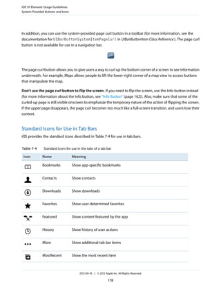 iOS UI Element Usage Guidelines
System-Provided Buttons and Icons




In addition, you can use the system-provided page curl button in a toolbar (for more information, see the
documentation for UIBarButtonSystemItemPageCurl in UIBarButtonItem Class Reference ). The page curl
button is not available for use in a navigation bar.




The page curl button allows you to give users a way to curl up the bottom corner of a screen to see information
underneath. For example, Maps allows people to lift the lower-right corner of a map view to access buttons
that manipulate the map.

Don’t use the page curl button to flip the screen. If you need to flip the screen, use the Info button instead
(for more information about the Info button, see “Info Button” (page 162)). Also, make sure that some of the
curled-up page is still visible onscreen to emphasize the temporary nature of the action of flipping the screen.
If the upper page disappears, the page curl becomes too much like a full-screen transition, and users lose their
context.


Standard Icons for Use in Tab Bars
iOS provides the standard icons described in Table 7-4 for use in tab bars.


Table 7-4      Standard icons for use in the tabs of a tab bar

 Icon         Name                  Meaning

              Bookmarks             Show app-specific bookmarks


              Contacts              Show contacts


              Downloads             Show downloads


              Favorites             Show user-determined favorites


              Featured              Show content featured by the app


              History               Show history of user actions


              More                  Show additional tab bar items


              MostRecent            Show the most recent item



                                        2012-09-19 | © 2012 Apple Inc. All Rights Reserved.

                                                               178
 