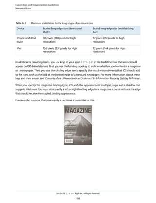 Custom Icon and Image Creation Guidelines
Newsstand Icons




Table 8-2     Maximum scaled sizes for the long edges of per-issue icons

 Device                   Scaled long-edge size (Newsstand                      Scaled long-edge size (multitasking
                          shelf )                                               bar)

 iPhone and iPod          90 pixels (180 pixels for high                        57 pixels (114 pixels for high
 touch                    resolution)                                           resolution)

 iPad                     126 pixels (252 pixels for high                       72 pixels (144 pixels for high
                          resolution)                                           resolution)


In addition to providing icons, you use keys in your app’s Info.plist file to define how the icons should
appear on iOS-based devices. First, you use the binding type key to indicate whether your content is a magazine
or a newspaper. Then, you use the binding edge key to specify the visual enhancements that iOS should add
to the icon, such as the fold at the bottom edge of a standard newspaper. For more information about these
keys and their values, see “Contents of the UINewsstandIcon Dictionary” in Information Property List Key Reference .

When you specify the magazine binding type, iOS adds the appearance of multiple pages and a shadow that
suggests thickness. You must also specify a left or right binding edge for a magazine icon, to indicate the edge
that should receive the stapled binding appearance.

For example, suppose that you supply a per-issue icon similar to this:




                                      2012-09-19 | © 2012 Apple Inc. All Rights Reserved.

                                                             198
 