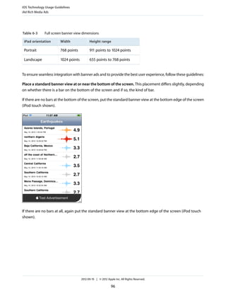 iOS Technology Usage Guidelines
iAd Rich Media Ads




Table 6-3     Full screen banner view dimensions

 iPad orientation       Width               Height range

 Portrait               768 points          911 points to 1024 points

 Landscape              1024 points         655 points to 768 points


To ensure seamless integration with banner ads and to provide the best user experience, follow these guidelines:

Place a standard banner view at or near the bottom of the screen. This placement differs slightly, depending
on whether there is a bar on the bottom of the screen and if so, the kind of bar.

If there are no bars at the bottom of the screen, put the standard banner view at the bottom edge of the screen
(iPod touch shown).




If there are no bars at all, again put the standard banner view at the bottom edge of the screen (iPod touch
shown).




                                      2012-09-19 | © 2012 Apple Inc. All Rights Reserved.

                                                             96
 
