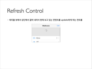 Refresh Control
• 테이블 뷰에서 상단에서 끌어 내려서 현재 보고 있는 컨텐츠를 update하게 하는 컨트롤
!
 