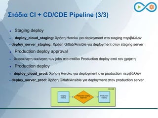 Στάδια CI + CD/CDE Pipeline (3/3)
 Staging deploy
 deploy_cloud_staging: Χρήση Heroku για deployment στο staging περιβάλ...