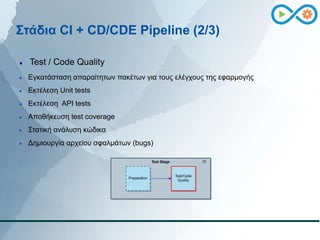 Στάδια CI + CD/CDE Pipeline (2/3)
 Test / Code Quality
 Εγκατάσταση απαραίτητων πακέτων για τους ελέγχους της εφαρμογής
...