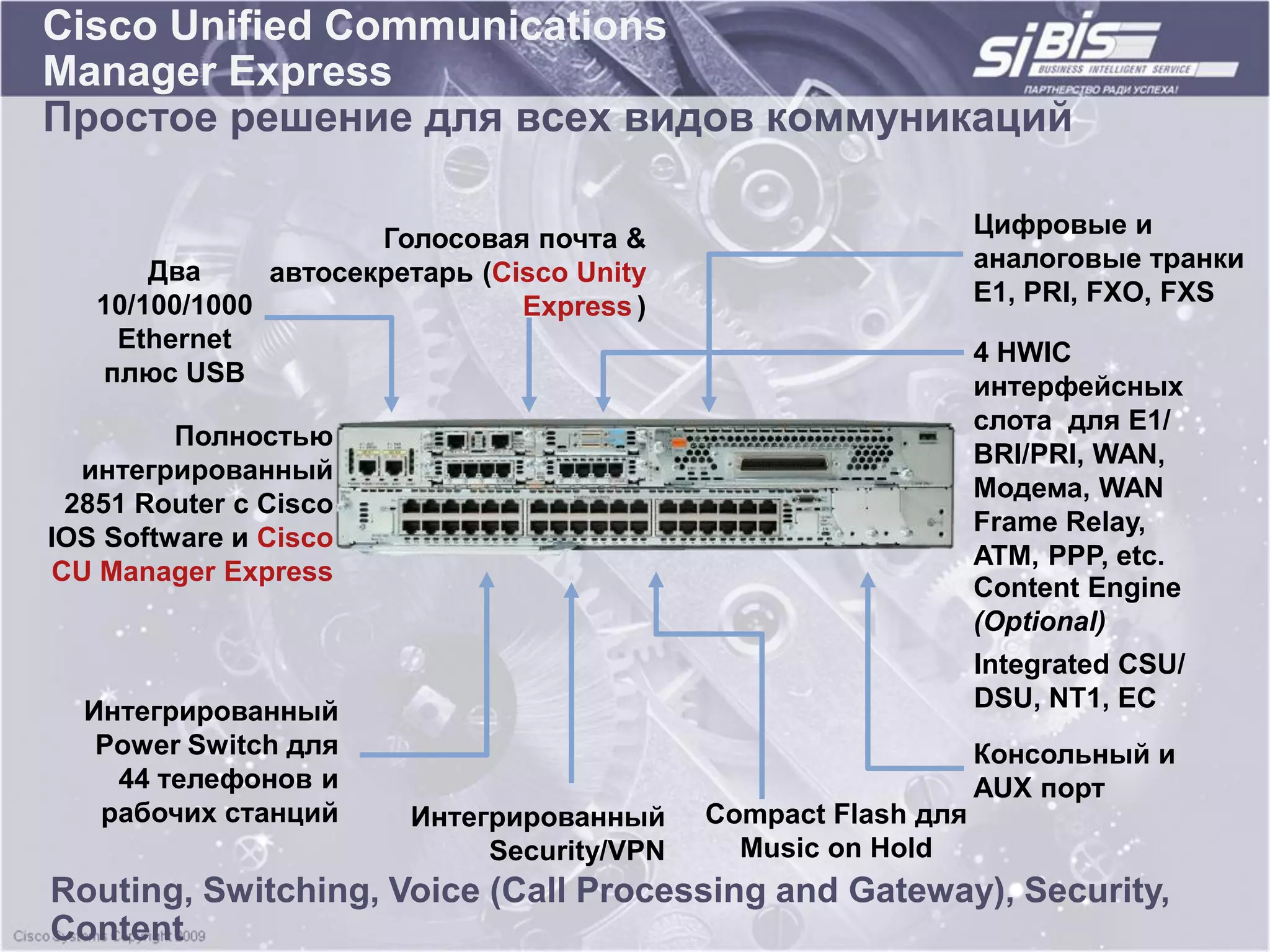 Cisco Unified Communications
Manager Express
Простое решение для всех видов коммуникаций

                                                                Цифровые и
                      Голосовая почта &
       Два     автосекретарь (Cisco Unity
                                                                аналоговые транки
   10/100/1000                                                  E1, PRI, FXO, FXS
                                Express )
    Ethernet                                                    4 HWIC
   плюс USB                                                     интерфейсных
                                                                слота для E1/
         Полностью
                                                                BRI/PRI, WAN,
  интегрированный
                                                                Модема, WAN
 2851 Router с Cisco
                                                                Frame Relay,
IOS Software и Cisco
                                                                ATM, PPP, etc.
CU Manager Express
                                                                Content Engine
                                                                (Optional)
                                                                Integrated CSU/
  Интегрированный                                               DSU, NT1, EC
   Power Switch для                                             Консольный и
    44 телефонов и                                              AUX порт
   рабочих станций      Интегрированный     Compact Flash для
                             Security/VPN     Music on Hold
Routing, Switching, Voice (Call Processing and Gateway), Security,
Content
 