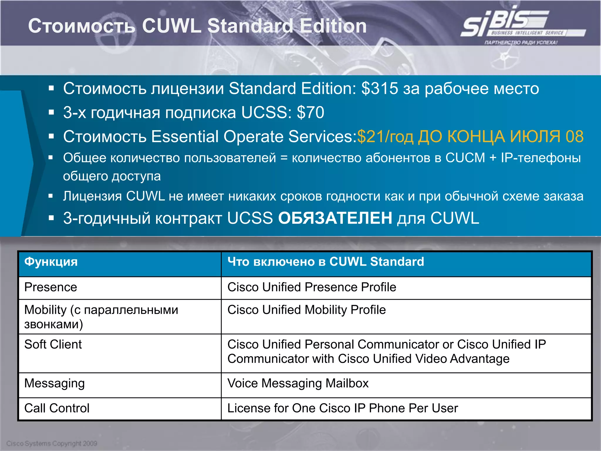 Стоимоcть CUWL Standard Edition


     Стоимость лицензии Standard Edition: $315 за рабочее место
     3-х годичная подписка UCSS: $70
     Стоимость Essential Operate Services:$21/год ДО КОНЦА ИЮЛЯ 08
     Общее количество пользователей = количество абонентов в CUCM + IP-телефоны
      общего доступа
     Лицензия CUWL не имеет никаких сроков годности как и при обычной схеме заказа
     3-годичный контракт UCSS ОБЯЗАТЕЛЕН для СUWL

Функция                       Что включено в CUWL Standard

Presence                      Cisco Unified Presence Profile
Mobility (с параллельными     Cisco Unified Mobility Profile
звонками)
Soft Client                   Cisco Unified Personal Communicator or Cisco Unified IP
                              Communicator with Cisco Unified Video Advantage
Messaging                     Voice Messaging Mailbox
Call Control                  License for One Cisco IP Phone Per User
 