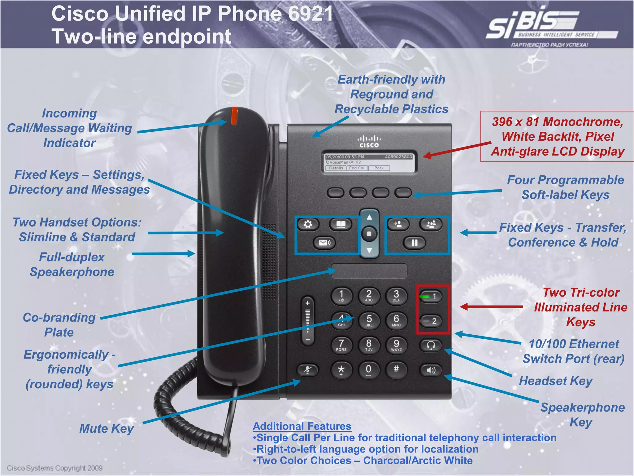Cisco Unified IP Phone 6921
       Two-line endpoint
                                           Earth-friendly with
                                             Reground and
      Incoming                             Recyclable Plastics
                                                                            396 x 81 Monochrome,
Call/Message Waiting
                                                                             White Backlit, Pixel
      Indicator
                                                                            Anti-glare LCD Display
 Fixed Keys – Settings,                                                        Four Programmable
Directory and Messages                                                           Soft-label Keys

Two Handset Options:                                                         Fixed Keys - Transfer,
 Slimline & Standard                                                          Conference & Hold
    Full-duplex
   Speakerphone
                                                                                       Two Tri-color
                                                                                     Illuminated Line
  Co-branding                                                                              Keys
     Plate
                                                                                   10/100 Ethernet
  Ergonomically -                                                                 Switch Port (rear)
      friendly
  (rounded) keys                                                                 Headset Key

                                                                                      Speakerphone
                          Additional Features                                             Key
           Mute Key
                          •Single Call Per Line for traditional telephony call interaction
                          •Right-to-left language option for localization
                          •Two Color Choices – Charcoal/Arctic White
 