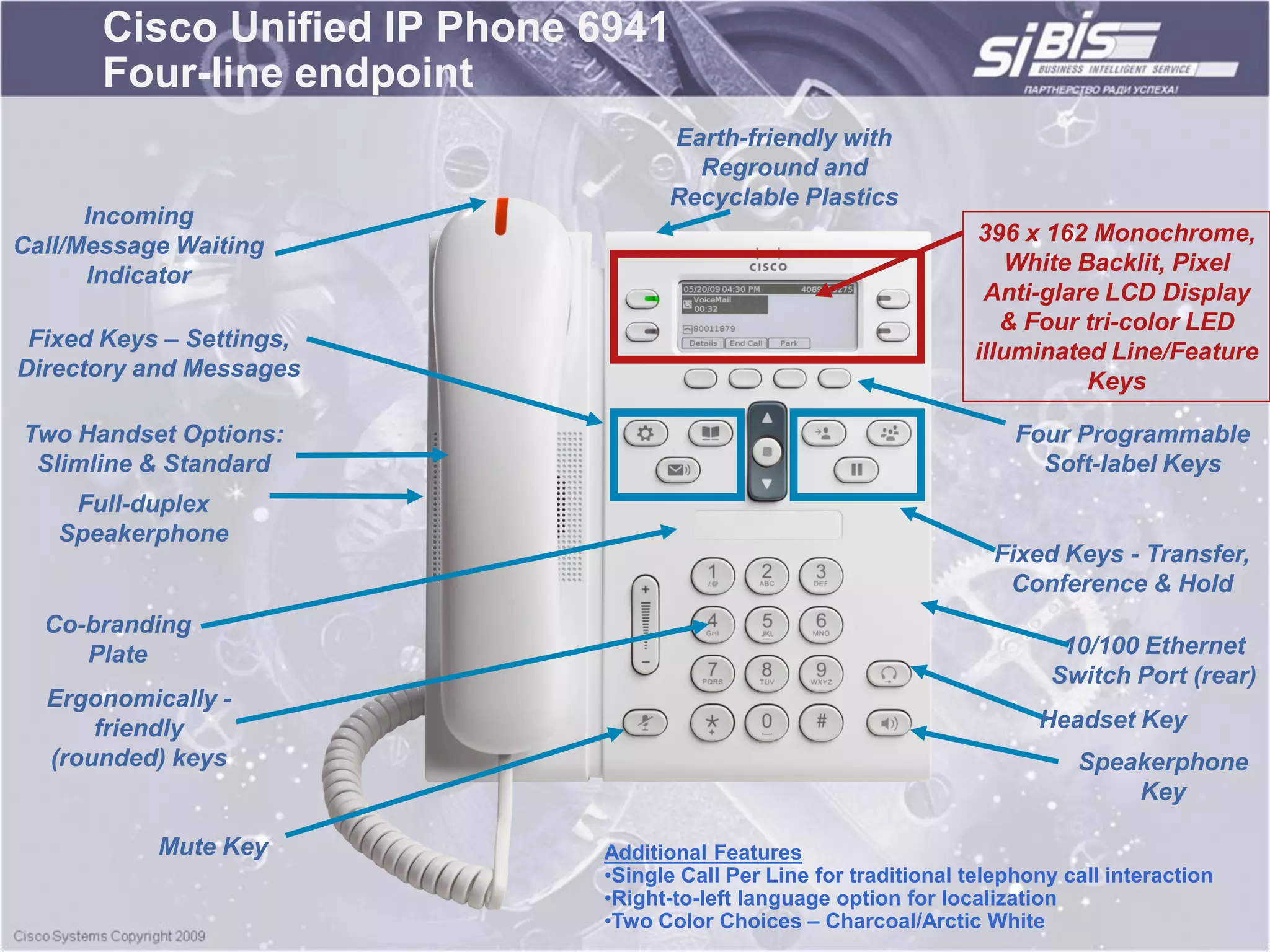 Cisco Unified IP Phone 6941
       Four-line endpoint
                                    Earth-friendly with
                                      Reground and
                                    Recyclable Plastics
      Incoming
                                                                    396 x 162 Monochrome,
Call/Message Waiting
                                                                        White Backlit, Pixel
      Indicator
                                                                     Anti-glare LCD Display
                                                                       & Four tri-color LED
 Fixed Keys – Settings,
                                                                    illuminated Line/Feature
Directory and Messages
                                                                               Keys

Two Handset Options:                                                     Four Programmable
 Slimline & Standard                                                       Soft-label Keys
    Full-duplex
   Speakerphone
                                                                      Fixed Keys - Transfer,
                                                                       Conference & Hold
  Co-branding
     Plate                                                                   10/100 Ethernet
                                                                            Switch Port (rear)
  Ergonomically -
      friendly                                                             Headset Key
  (rounded) keys                                                               Speakerphone
                                                                                   Key

           Mute Key           Additional Features
                              •Single Call Per Line for traditional telephony call interaction
                              •Right-to-left language option for localization
                              •Two Color Choices – Charcoal/Arctic White
 