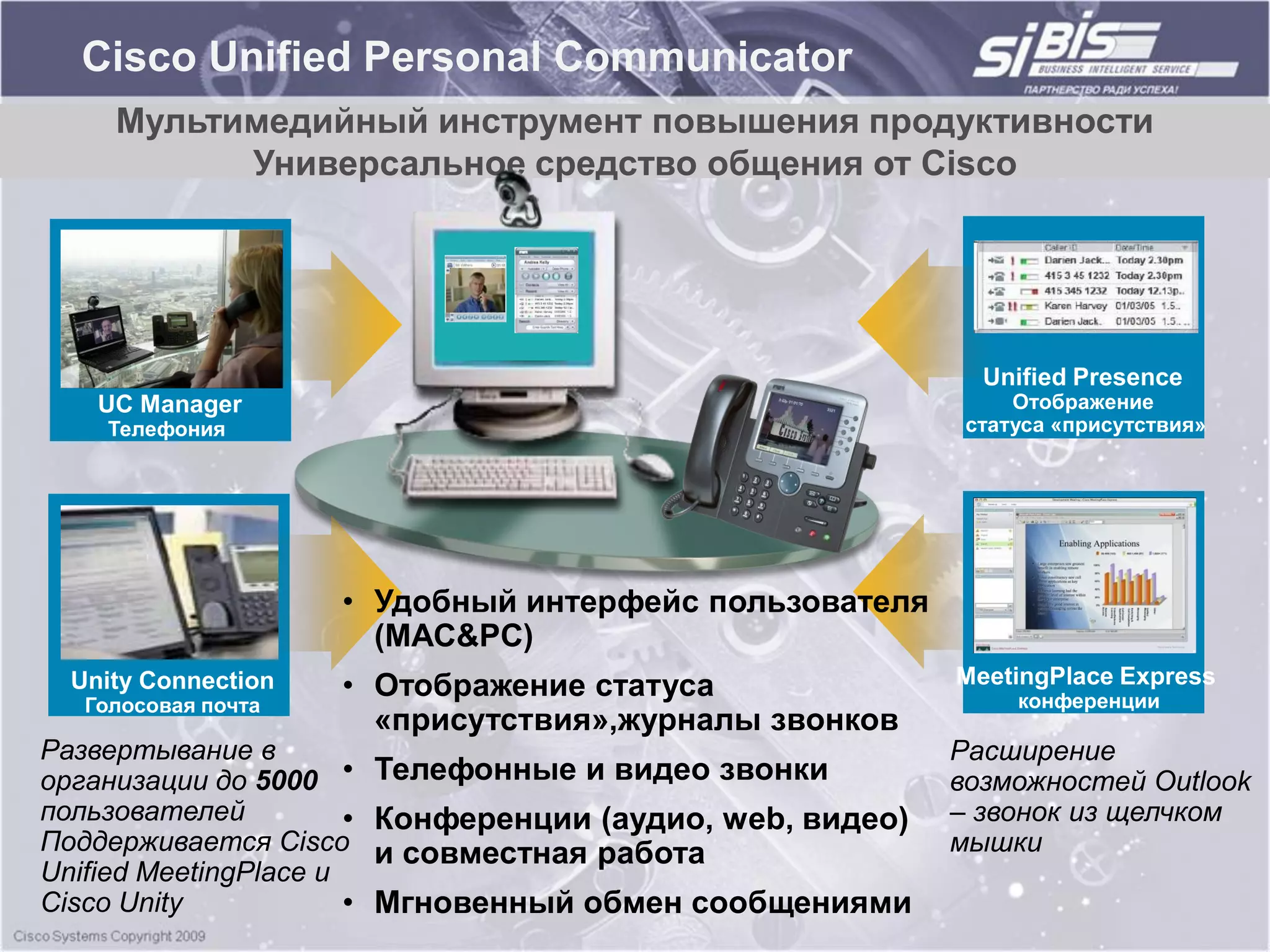 Cisco Unified Personal Communicator
     Мультимедийный инструмент повышения продуктивности
           Универсальное средство общения от Cisco




                                                               Unified Presence
    UC Manager                                                    Отображение
     Телефония                                                статуса «присутствия»




                       • Удобный интерфейс пользователя
                         (MAC&PC)
  Unity Connection     • Отображение статуса                 MeetingPlace Express
   Голосовая почта                                                конференции
                         «присутствия»,журналы звонков
Развертывание в                                              Расширение
организации до 5000 •      Телефонные и видео звонки         возможностей Outlook
пользователей          •   Конференции (аудио, web, видео)   – звонок из щелчком
Поддерживается Cisco       и совместная работа               мышки
Unified MeetingPlace и
Cisco Unity            •   Мгновенный обмен сообщениями
 