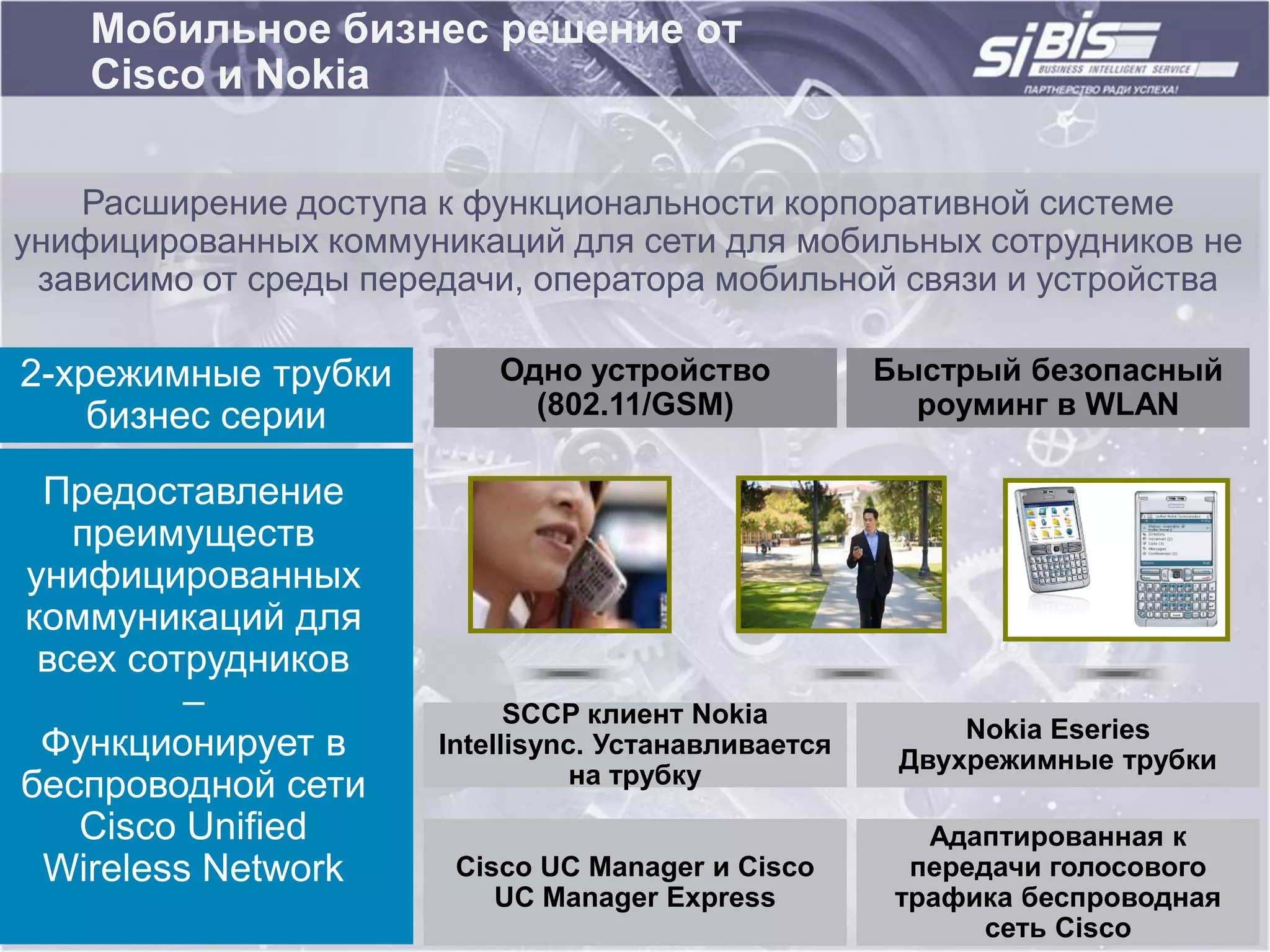 Мобильное бизнес решение от
    Cisco и Nokia

   Расширение доступа к функциональности корпоративной системе
унифицированных коммуникаций для сети для мобильных сотрудников не
 зависимо от среды передачи, оператора мобильной связи и устройства

2-xрежимные трубки         Одно устройство            Быстрый безопасный
    бизнес серии             (802.11/GSM)               роуминг в WLAN

 Предоставление
   преимуществ
унифицированных
коммуникаций для
 всех сотрудников
         –                   SCCP клиент Nokia
                                                           Nokia Eseries
 Функционирует в       Intellisync. Устанавливается
                                                       Двухрежимные трубки
беспроводной сети                 на трубку
   Cisco Unified                                         Адаптированная к
 Wireless Network       Cisco UC Manager и Cisco        передачи голосового
                           UC Manager Express          трафика беспроводная
                                                             сеть Cisco
 