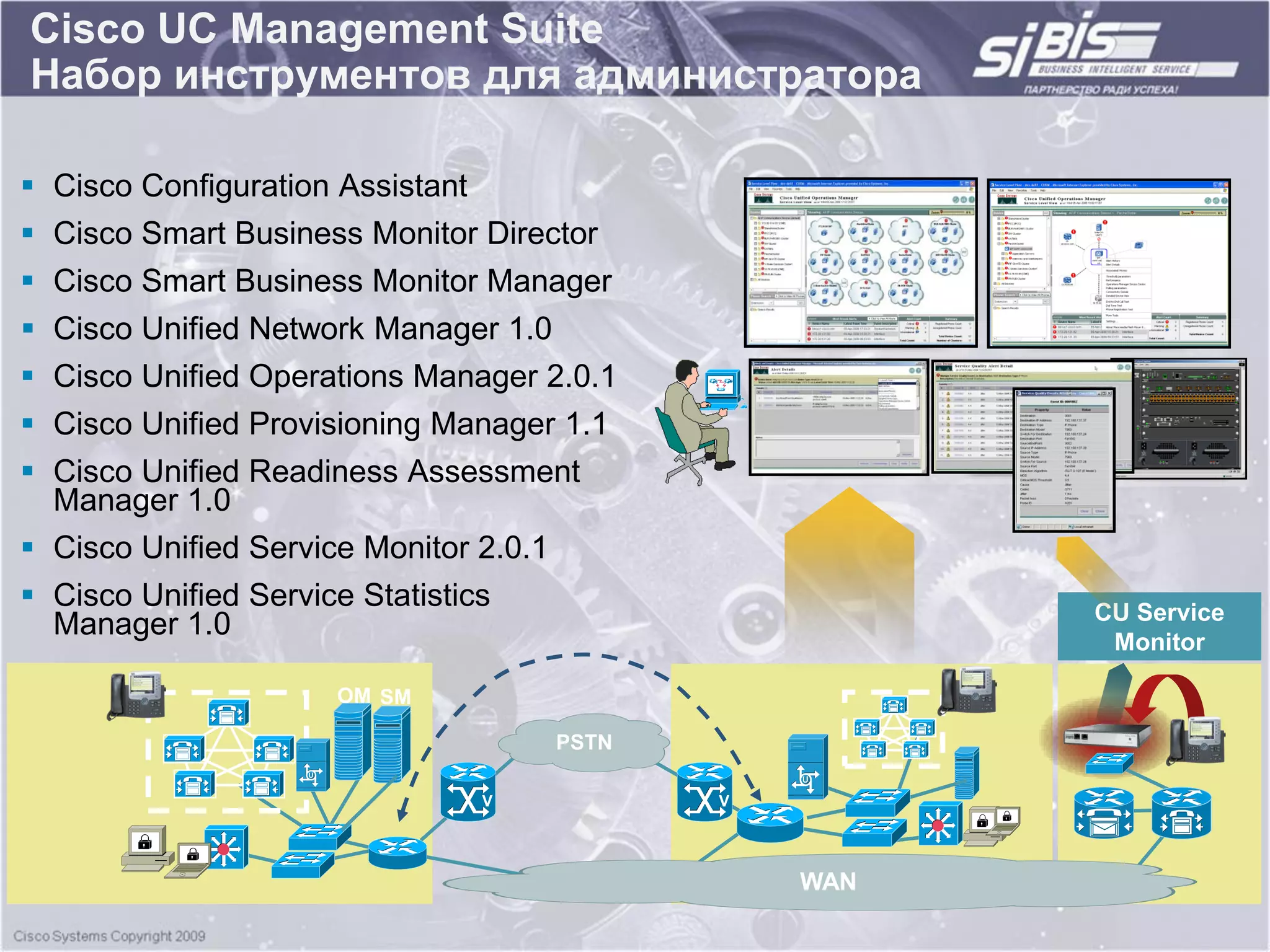 Cisco UC Management Suite
Набор инструментов для администратора

 Cisco Configuration Assistant
 Cisco Smart Business Monitor Director
 Cisco Smart Business Monitor Manager
 Cisco Unified Network Manager 1.0
 Cisco Unified Operations Manager 2.0.1
 Cisco Unified Provisioning Manager 1.1
 Cisco Unified Readiness Assessment
  Manager 1.0
 Cisco Unified Service Monitor 2.0.1
 Cisco Unified Service Statistics                   CU Service
  Manager 1.0
                                                      Monitor

                     OM SM

                                   PSTN

                              V            V




                                               WAN
 