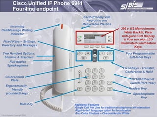 Cisco Unified IP Phone 6941
       Four-line endpoint
                                    Earth-friendly with
                                      Reground and
                                    Recyclable Plastics
      Incoming
                                                                    396 x 162 Monochrome,
Call/Message Waiting
                                                                        White Backlit, Pixel
      Indicator
                                                                     Anti-glare LCD Display
                                                                       & Four tri-color LED
 Fixed Keys – Settings,
                                                                    illuminated Line/Feature
Directory and Messages
                                                                               Keys

Two Handset Options:                                                     Four Programmable
 Slimline & Standard                                                       Soft-label Keys
    Full-duplex
   Speakerphone
                                                                      Fixed Keys - Transfer,
                                                                       Conference & Hold
  Co-branding
     Plate                                                                   10/100 Ethernet
                                                                            Switch Port (rear)
  Ergonomically -
      friendly                                                             Headset Key
  (rounded) keys                                                               Speakerphone
                                                                                   Key

           Mute Key           Additional Features
                              •Single Call Per Line for traditional telephony call interaction
                              •Right-to-left language option for localization
                              •Two Color Choices – Charcoal/Arctic White
 