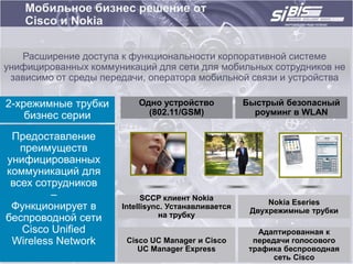 Мобильное бизнес решение от
    Cisco и Nokia

   Расширение доступа к функциональности корпоративной системе
унифицированных коммуникаций для сети для мобильных сотрудников не
 зависимо от среды передачи, оператора мобильной связи и устройства

2-xрежимные трубки         Одно устройство            Быстрый безопасный
    бизнес серии             (802.11/GSM)               роуминг в WLAN

 Предоставление
   преимуществ
унифицированных
коммуникаций для
 всех сотрудников
         –                   SCCP клиент Nokia
                                                           Nokia Eseries
 Функционирует в       Intellisync. Устанавливается
                                                       Двухрежимные трубки
беспроводной сети                 на трубку
   Cisco Unified                                         Адаптированная к
 Wireless Network       Cisco UC Manager и Cisco        передачи голосового
                           UC Manager Express          трафика беспроводная
                                                             сеть Cisco
 