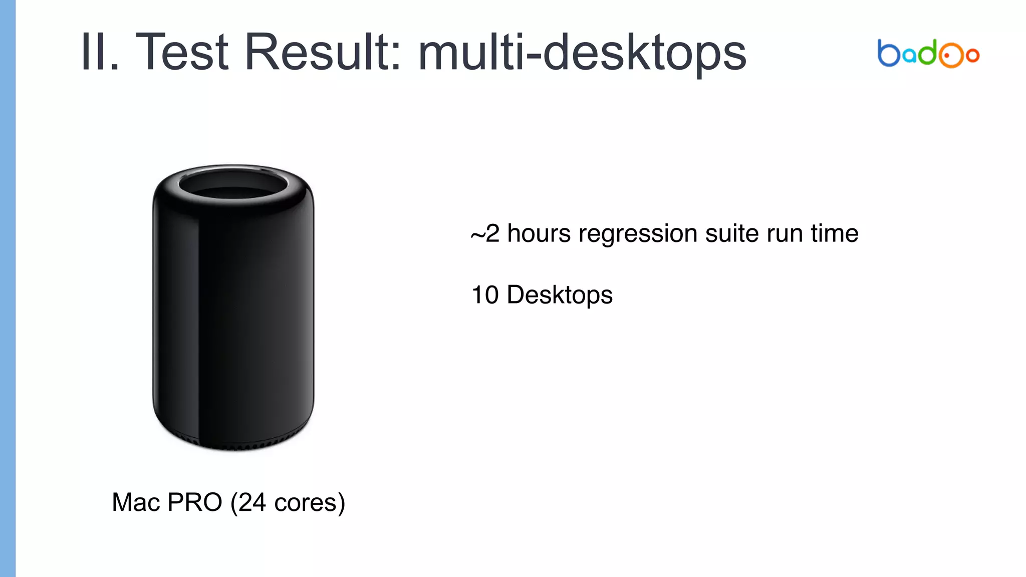 II. Test Result: multi-desktops
Mac PRO (24 cores)
~2 hours regression suite run time
10 Desktops
 