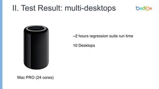 II. Test Result: multi-desktops
Mac PRO (24 cores)
~2 hours regression suite run time
10 Desktops
 