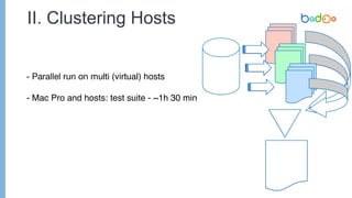 II. Clustering Hosts
- Parallel run on multi (virtual) hosts
- Mac Pro and hosts: test suite - ~1h 30 min
 