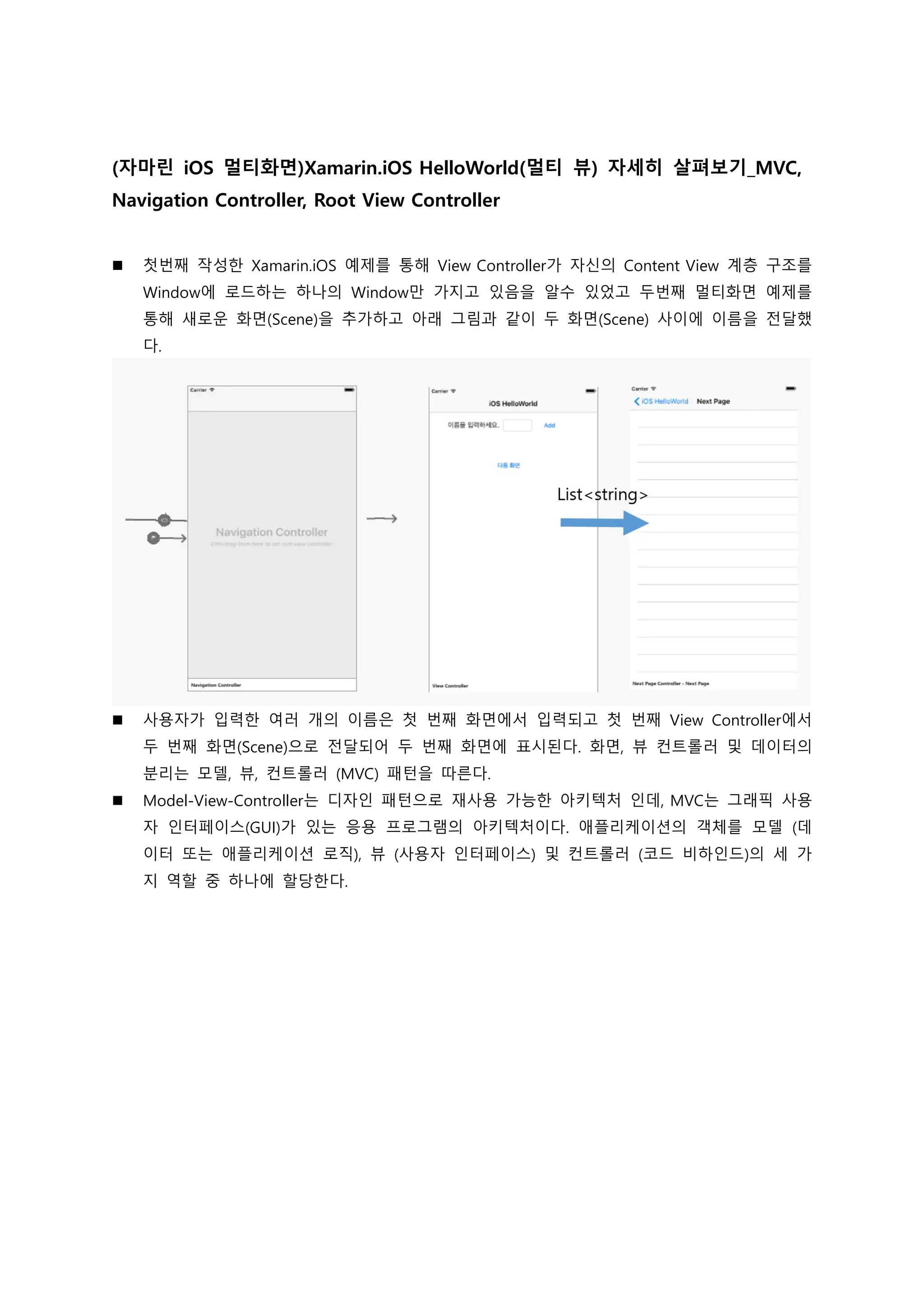 (자마린 iOS 멀티화면)Xamarin.iOS HelloWorld(멀티 뷰) 자세히 살펴보기_MVC,
Navigation Controller, Root View Controller
 첫번째 작성한 Xamarin.iOS 예제를 통해 View Controller가 자신의 Content View 계층 구조를
Window에 로드하는 하나의 Window만 가지고 있음을 알수 있었고 두번째 멀티화면 예제를
통해 새로운 화면(Scene)을 추가하고 아래 그림과 같이 두 화면(Scene) 사이에 이름을 전달했
다.
 사용자가 입력한 여러 개의 이름은 첫 번째 화면에서 입력되고 첫 번째 View Controller에서
두 번째 화면(Scene)으로 전달되어 두 번째 화면에 표시된다. 화면, 뷰 컨트롤러 및 데이터의
분리는 모델, 뷰, 컨트롤러 (MVC) 패턴을 따른다.
 Model-View-Controller는 디자인 패턴으로 재사용 가능한 아키텍처 인데, MVC는 그래픽 사용
자 인터페이스(GUI)가 있는 응용 프로그램의 아키텍처이다. 애플리케이션의 객체를 모델 (데
이터 또는 애플리케이션 로직), 뷰 (사용자 인터페이스) 및 컨트롤러 (코드 비하인드)의 세 가
지 역할 중 하나에 할당한다.
 