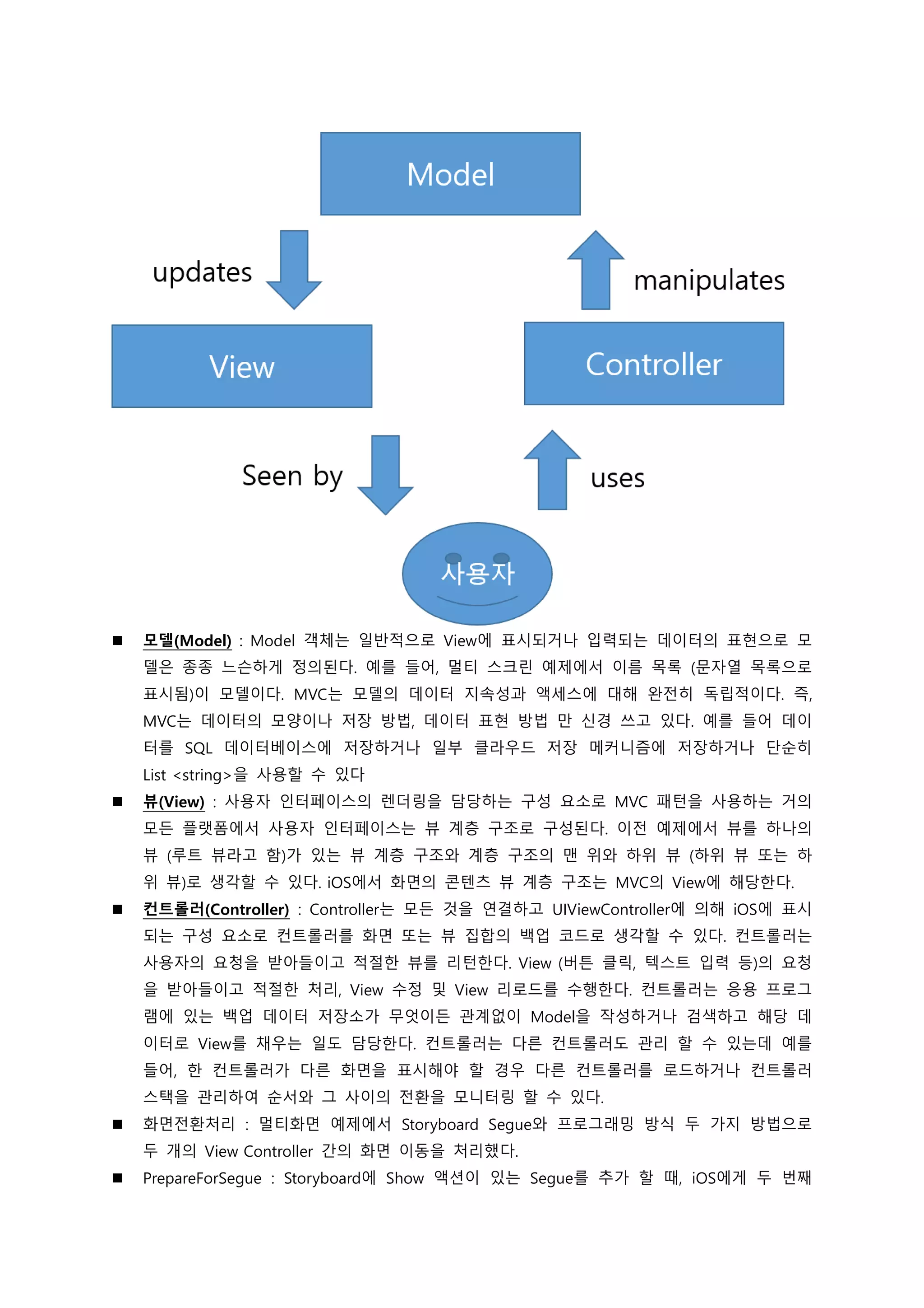  모델(Model) : Model 객체는 일반적으로 View에 표시되거나 입력되는 데이터의 표현으로 모
델은 종종 느슨하게 정의된다. 예를 들어, 멀티 스크린 예제에서 이름 목록 (문자열 목록으로
표시됨)이 모델이다. MVC는 모델의 데이터 지속성과 액세스에 대해 완전히 독립적이다. 즉,
MVC는 데이터의 모양이나 저장 방법, 데이터 표현 방법 만 신경 쓰고 있다. 예를 들어 데이
터를 SQL 데이터베이스에 저장하거나 일부 클라우드 저장 메커니즘에 저장하거나 단순히
List <string>을 사용할 수 있다
 뷰(View) : 사용자 인터페이스의 렌더링을 담당하는 구성 요소로 MVC 패턴을 사용하는 거의
모든 플랫폼에서 사용자 인터페이스는 뷰 계층 구조로 구성된다. 이전 예제에서 뷰를 하나의
뷰 (루트 뷰라고 함)가 있는 뷰 계층 구조와 계층 구조의 맨 위와 하위 뷰 (하위 뷰 또는 하
위 뷰)로 생각할 수 있다. iOS에서 화면의 콘텐츠 뷰 계층 구조는 MVC의 View에 해당한다.
 컨트롤러(Controller) : Controller는 모든 것을 연결하고 UIViewController에 의해 iOS에 표시
되는 구성 요소로 컨트롤러를 화면 또는 뷰 집합의 백업 코드로 생각할 수 있다. 컨트롤러는
사용자의 요청을 받아들이고 적절한 뷰를 리턴한다. View (버튼 클릭, 텍스트 입력 등)의 요청
을 받아들이고 적절한 처리, View 수정 및 View 리로드를 수행한다. 컨트롤러는 응용 프로그
램에 있는 백업 데이터 저장소가 무엇이든 관계없이 Model을 작성하거나 검색하고 해당 데
이터로 View를 채우는 일도 담당한다. 컨트롤러는 다른 컨트롤러도 관리 할 수 있는데 예를
들어, 한 컨트롤러가 다른 화면을 표시해야 할 경우 다른 컨트롤러를 로드하거나 컨트롤러
스택을 관리하여 순서와 그 사이의 전환을 모니터링 할 수 있다.
 화면전환처리 : 멀티화면 예제에서 Storyboard Segue와 프로그래밍 방식 두 가지 방법으로
두 개의 View Controller 간의 화면 이동을 처리했다.
 PrepareForSegue : Storyboard에 Show 액션이 있는 Segue를 추가 할 때, iOS에게 두 번째
 