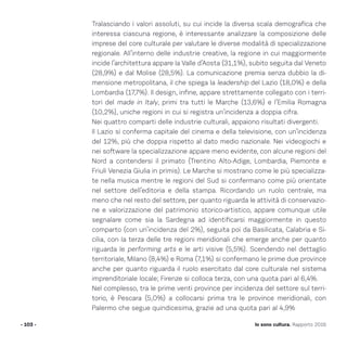 Tralasciando i valori assoluti, su cui incide la diversa scala demografica che
interessa ciascuna regione, è interessante analizzare la composizione delle
imprese del core culturale per valutare le diverse modalità di specializzazione
regionale. All’interno delle industrie creative, la regione in cui maggiormente
incide l’architettura appare la Valle d’Aosta (31,1%), subito seguita dal Veneto
(28,9%) e dal Molise (28,5%). La comunicazione premia senza dubbio la di-
mensione metropolitana, il che spiega la leadership del Lazio (18,0%) e della
Lombardia (17,7%). Il design, infine, appare strettamente collegato con i terri-
tori del made in Italy, primi tra tutti le Marche (13,6%) e l’Emilia Romagna
(10,2%), uniche regioni in cui si registra un’incidenza a doppia cifra.
Nei quattro comparti delle industrie culturali, appaiono risultati divergenti.
Il Lazio si conferma capitale del cinema e della televisione, con un’incidenza
del 12%, più che doppia rispetto al dato medio nazionale. Nei videogiochi e
nei software la specializzazione appare meno evidente, con alcune regioni del
Nord a contendersi il primato (Trentino Alto-Adige, Lombardia, Piemonte e
Friuli Venezia Giulia in primis). Le Marche si mostrano come le più specializza-
te nella musica mentre le regioni del Sud si confermano come più orientate
nel settore dell’editoria e della stampa. Ricordando un ruolo centrale, ma
meno che nel resto del settore, per quanto riguarda le attività di conservazio-
ne e valorizzazione del patrimonio storico-artistico, appare comunque utile
segnalare come sia la Sardegna ad identificarsi maggiormente in questo
comparto (con un’incidenza del 2%), seguita poi da Basilicata, Calabria e Si-
cilia, con la terza delle tre regioni meridionali che emerge anche per quanto
riguarda le performing arts e le arti visive (5,5%). Scendendo nel dettaglio
territoriale, Milano (8,4%) e Roma (7,1%) si confermano le prime due province
anche per quanto riguarda il ruolo esercitato dal core culturale nel sistema
imprenditoriale locale; Firenze si colloca terza, con una quota pari al 6,4%.
Nel complesso, tra le prime venti province per incidenza del settore sul terri-
torio, è Pescara (5,0%) a collocarsi prima tra le province meridionali, con
Palermo che segue quindicesima, grazie ad una quota pari al 4,9%
- 103 - Io sono cultura. Rapporto 2016
 