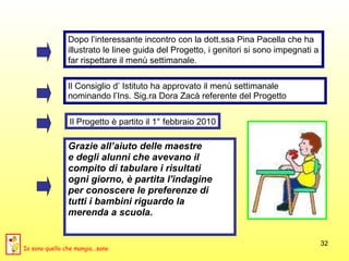 Grazie all’aiuto delle maestre  e degli alunni che avevano il  compito di tabulare i risultati  ogni giorno, è partita l'indagine  per conoscere le preferenze di  tutti i bambini riguardo la  merenda a scuola.  Il Consiglio d’ Istituto ha approvato il menù settimanale nominando l’Ins. Sig.ra Dora Zacà referente del Progetto Il Progetto è partito il 1° febbraio 2010 Dopo l’interessante incontro con la dott.ssa Pina Pacella che ha illustrato le linee guida del Progetto, i genitori si sono impegnati a far rispettare il menù settimanale. Io sono quello che mangia...sano 