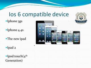 Ios 6 compatible device
Iphone 3gs
Iphone 4,4s
The new ipad
Ipad 2
Ipod touch(4th
Generation)
 