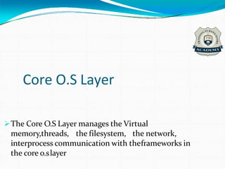 Core O.S Layer
The Core O.S Layer manages the Virtual
memory,threads, the filesystem, the network,
interprocess communication with theframeworks in
the core o.slayer
 