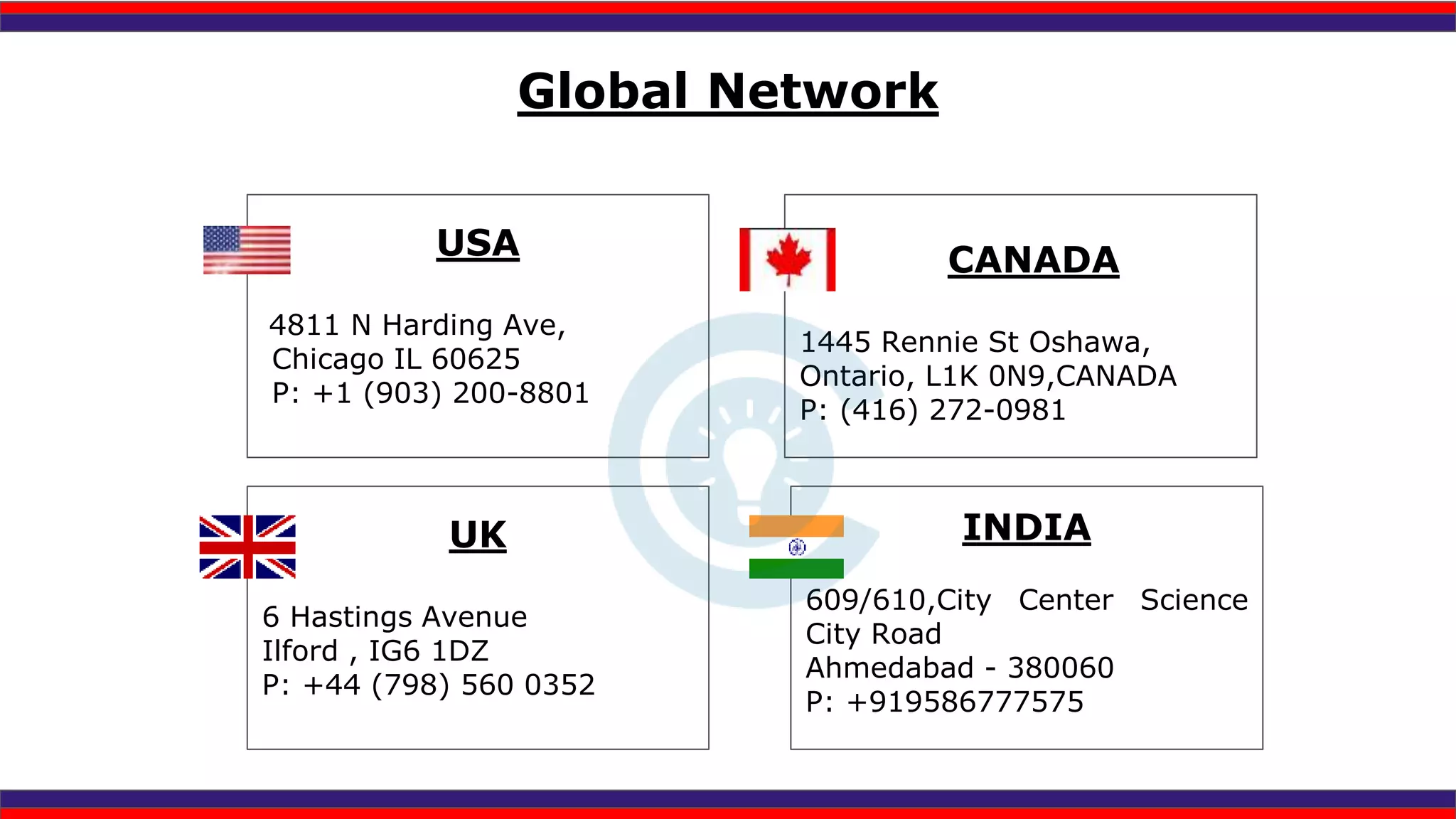 Global Network
USA
4811 N Harding Ave,
Chicago IL 60625
P: +1 (903) 200-8801
CANADA
1445 Rennie St Oshawa,
Ontario, L1K 0N9,CANADA
P: (416) 272-0981
INDIA
609/610,City Center Science
City Road
Ahmedabad - 380060
P: +919586777575
UK
6 Hastings Avenue
Ilford , IG6 1DZ
P: +44 (798) 560 0352
 