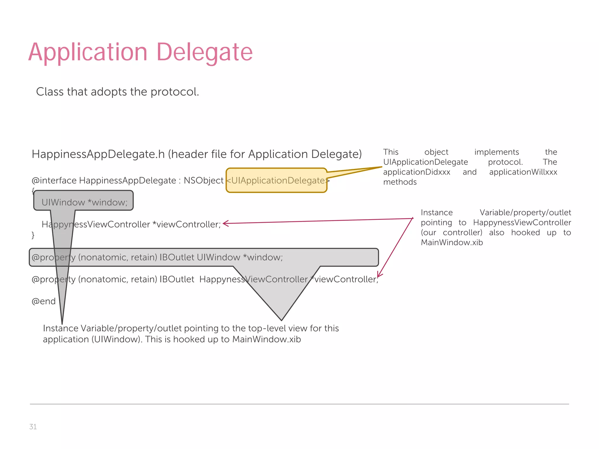 Application Delegate
    Class that adopts the protocol.




HappinessAppDelegate.h (header file for Application Delegate)                     This       object     implements        the
                                                                                  UIApplicationDelegate    protocol.     The
                                                                                  applicationDidxxx and    applicationWillxxx
@interface HappinessAppDelegate : NSObject <UIApplicationDelegate>                methods
{
  UIWindow *window;
                                                                                           Instance       Variable/property/outlet
     HappynessViewController *viewController;                                              pointing to HappynessViewController
}                                                                                          (our controller) also hooked up to
                                                                                           MainWindow.xib
@property (nonatomic, retain) IBOutlet UIWindow *window;

@property (nonatomic, retain) IBOutlet HappynessViewController *viewController;

@end

     Instance Variable/property/outlet pointing to the top-level view for this
     application (UIWindow). This is hooked up to MainWindow.xib




31
 