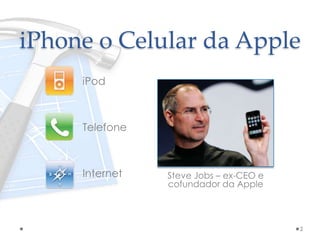 iPhone o Celular da Apple
iPod
Telefone
Internet Steve Jobs – ex-CEO e
cofundador da Apple
2
 
