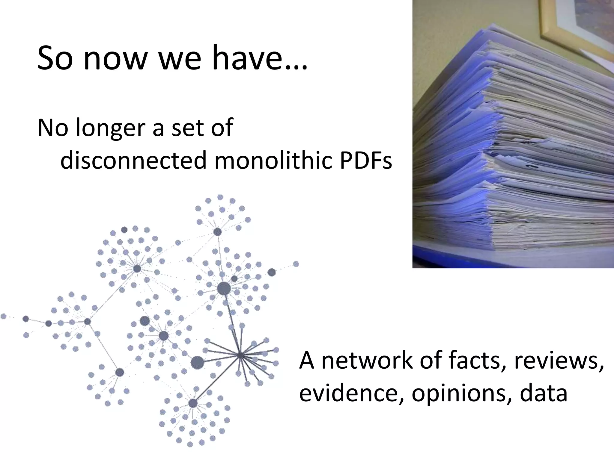 So now we have…
No longer a set of
disconnected monolithic PDFs
A network of facts, reviews,
evidence, opinions, data
 