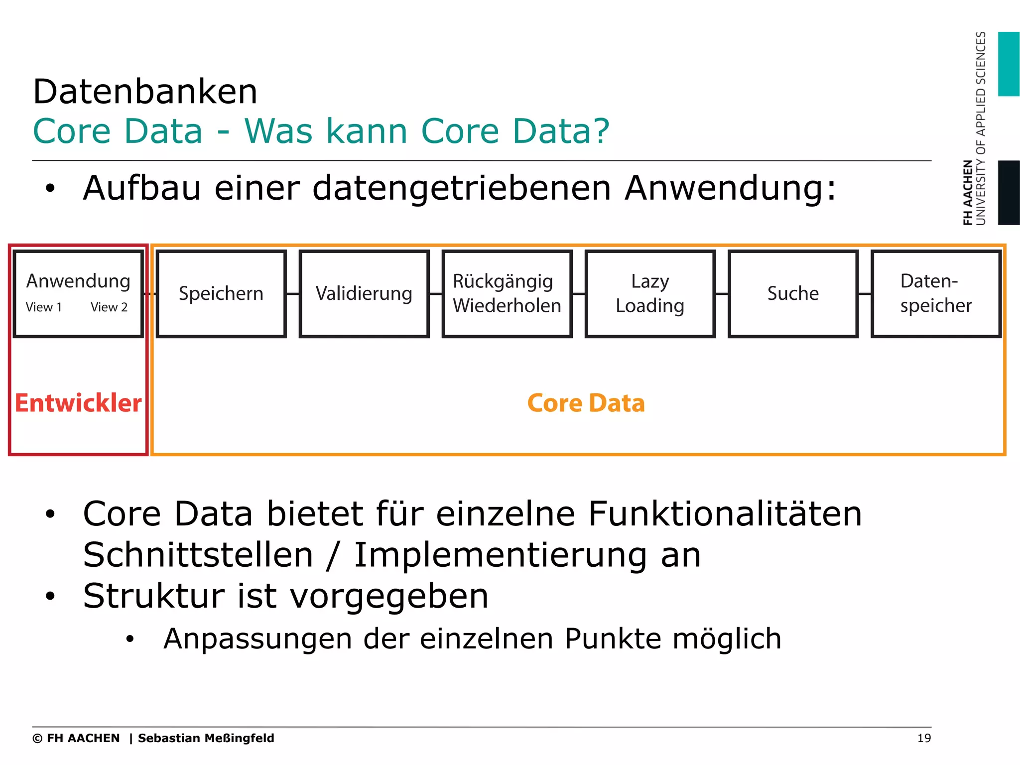 Datenbanken
Core Data - Was kann Core Data?
•  Aufbau einer datengetriebenen Anwendung:
•  Core Data bietet für einzelne Funktionalitäten
Schnittstellen / Implementierung an
•  Struktur ist vorgegeben
•  Anpassungen der einzelnen Punkte möglich
19© FH AACHEN | Sebastian Meßingfeld
Speichern
Rückgängig
Wiederholen
Validierung
Lazy
Loading
Suche
Daten-
speicher
Anwendung
View 1 View 2
Speichern
Rückgängig
Wiederholen
Validierung
Lazy
Loading
Suche
Daten-
speicher
Anwendung
View 1 View 2
Core DataEntwickler
 
