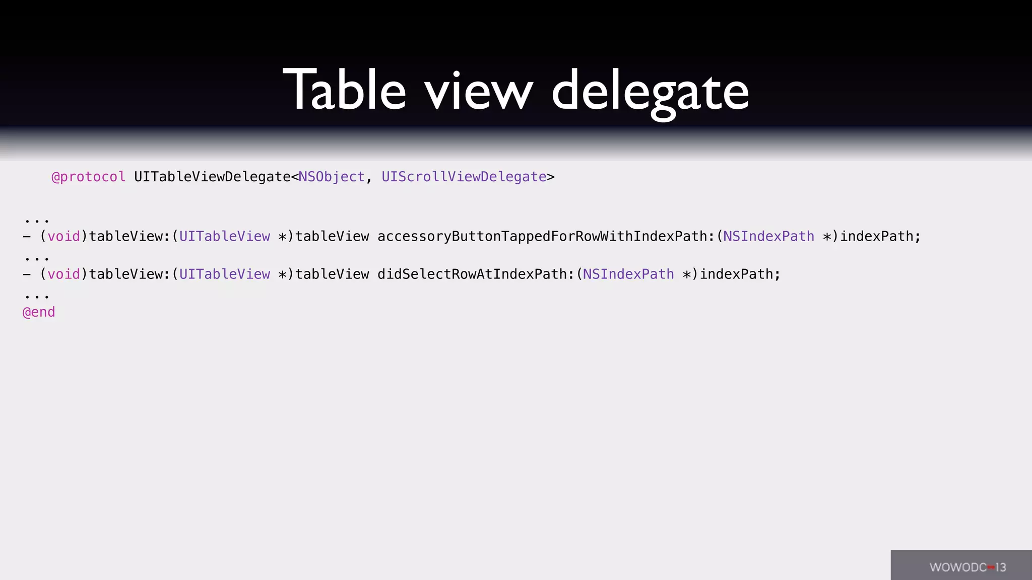 Table view delegate
@protocol UITableViewDelegate<NSObject, UIScrollViewDelegate>
...
- (void)tableView:(UITableView *)tableView accessoryButtonTappedForRowWithIndexPath:(NSIndexPath *)indexPath;
...
- (void)tableView:(UITableView *)tableView didSelectRowAtIndexPath:(NSIndexPath *)indexPath;
...
@end
 