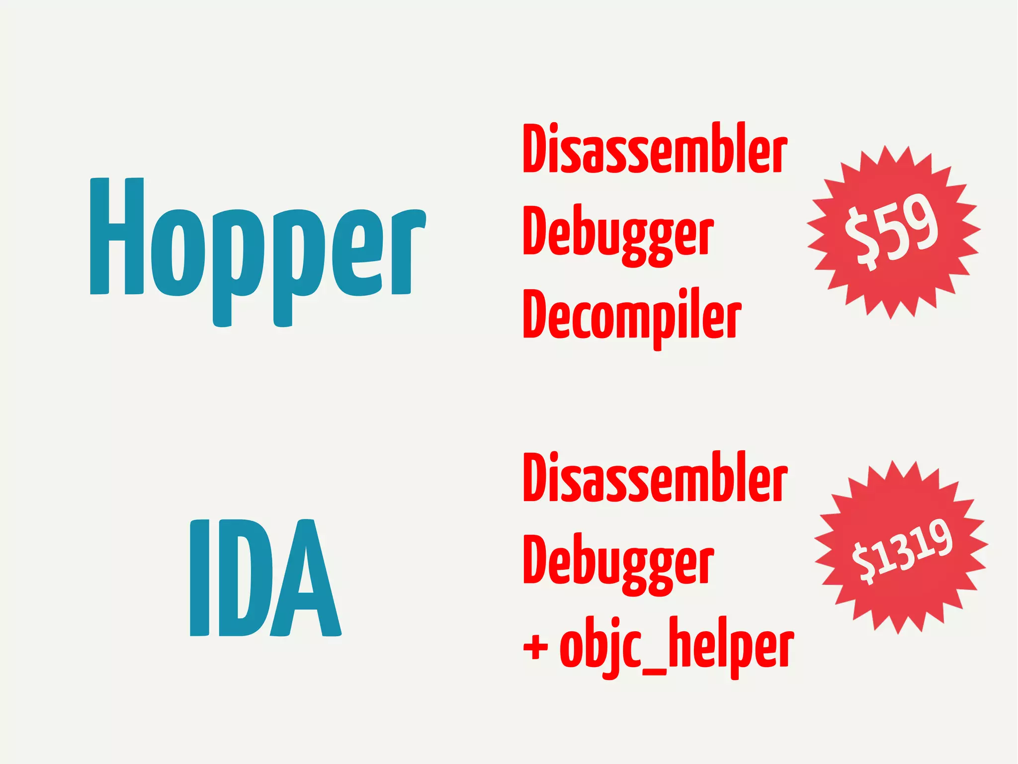 Hopper

Disassembler
Debugger
Decompiler

IDA

Disassembler
Debugger
+ objc_helper

 