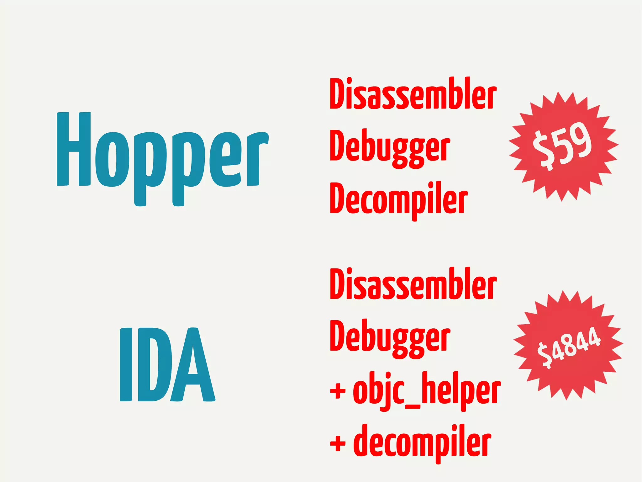 Hopper

Disassembler
Debugger
Decompiler

IDA

Disassembler
Debugger
+ objc_helper
+ decompiler

 
