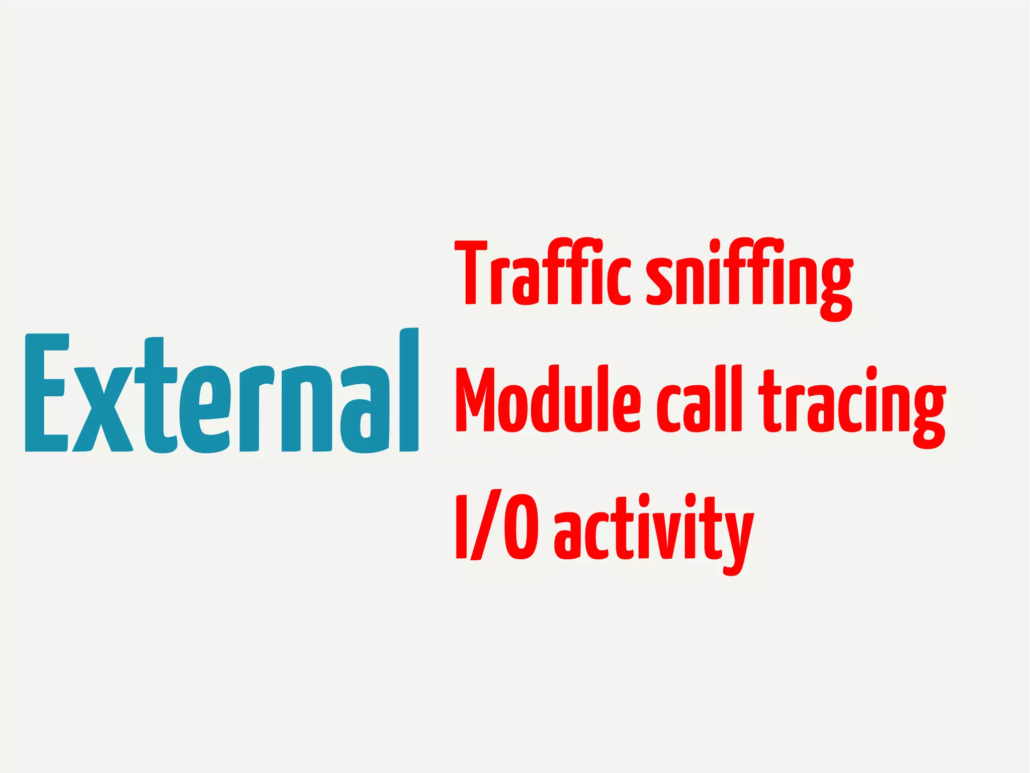 External

Traffic sniffing
Module call tracing
I/O activity

 