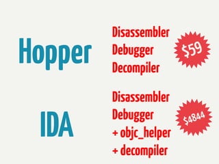 Hopper

Disassembler
Debugger
Decompiler

IDA

Disassembler
Debugger
+ objc_helper
+ decompiler

 