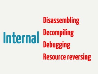 Internal

Disassembling
Decompiling
Debugging
Resource reversing

 