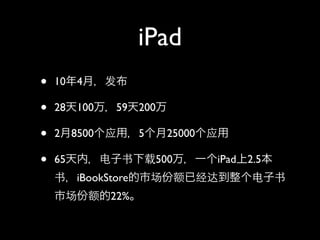 iPad
•   10    4

•   28    100    59    200

•   2    8500          5     25000

•   65                     500       iPad 2.5
          iBookStore
                22%
 