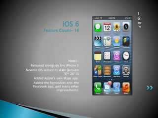 iOS 6
Feature Count- 16
Notes-
• Released alongside the iPhone 5
• Newest iOS version to date (January
16th 2013)
• Added Apple’s own Maps app.
• Added the Reminders app, the
Passbook app, and many other
improvements.
1
6
ne
w
 