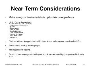 Near Term Considerations
• Make sure your business data is up to date on Apple Maps
• U.S. Data Providers:
- mapsconnect.a...