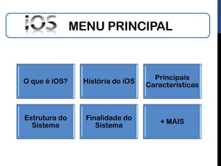 MENU PRINCIPAL



                                    Principais
O que é iOS?    História do iOS
                                  Características



Estrutura do     Finalidade do
                                      + MAIS
  Sistema           Sistema
 