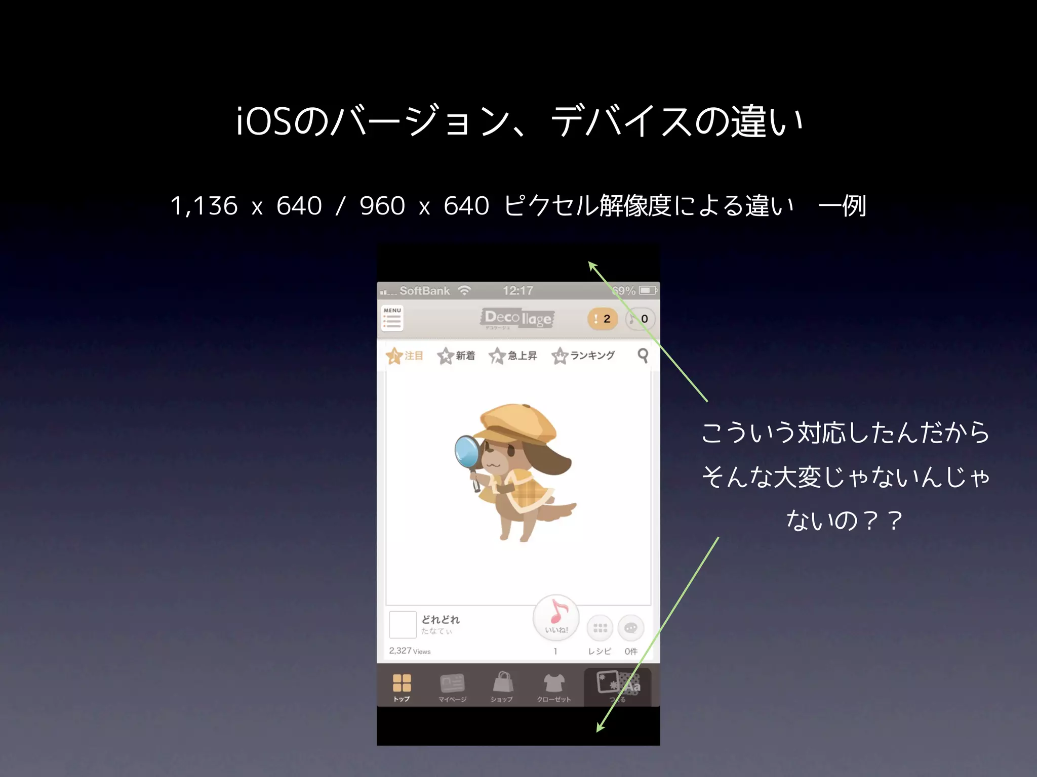 iOSのバージョン、デバイスの違い

1,136 x 640 / 960 x 640 ピクセル解像度による違い 一例




                             こういう対応したんだから
                             そんな大変じゃないんじゃ
                                  ないの？？
 