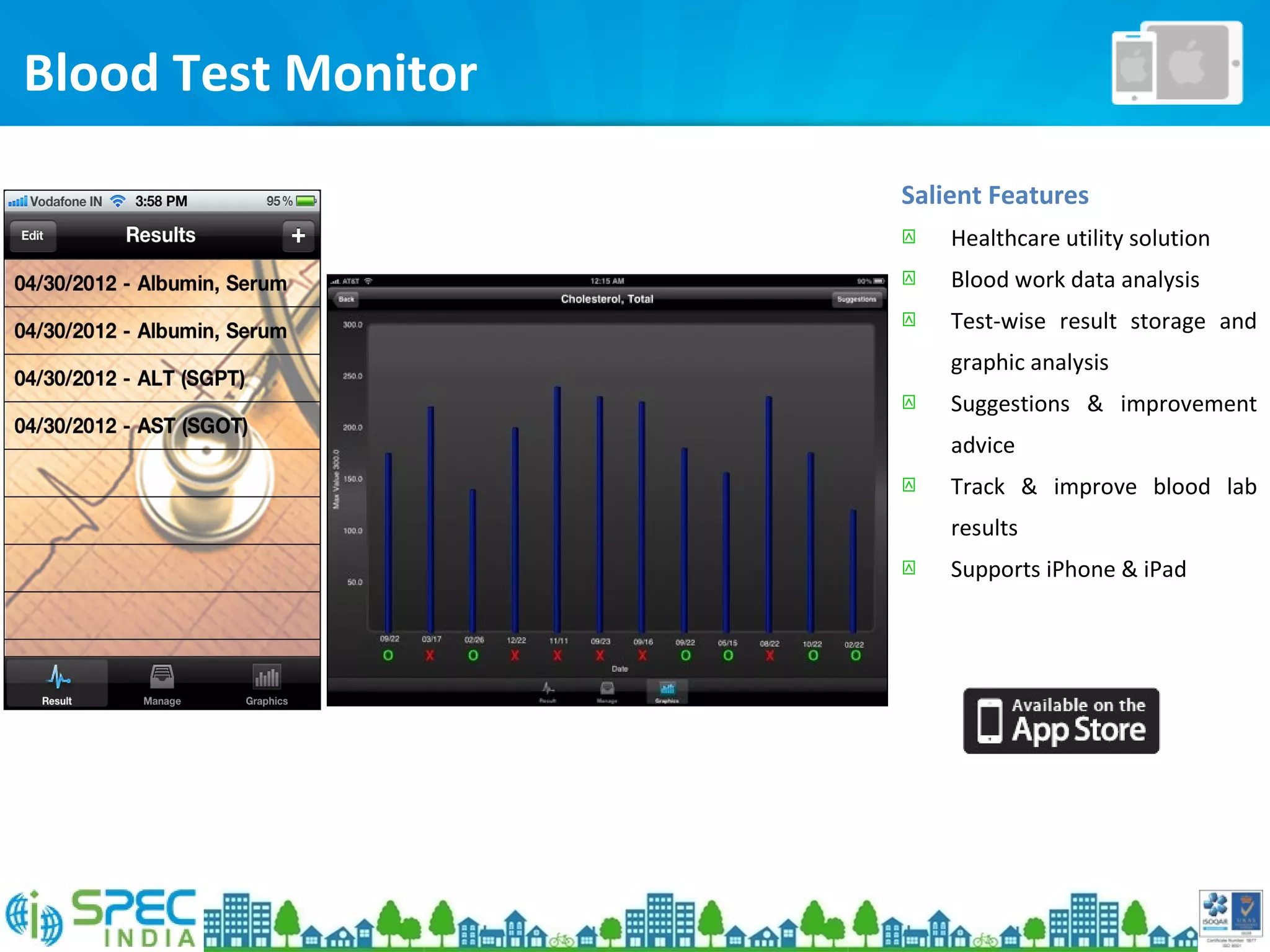 Blood Test Monitor
Salient Features
 Healthcare utility solution
 Blood work data analysis
 Test-wise result storage and
graphic analysis
 Suggestions & improvement
advice
 Track & improve blood lab
results
 Supports iPhone & iPad
 