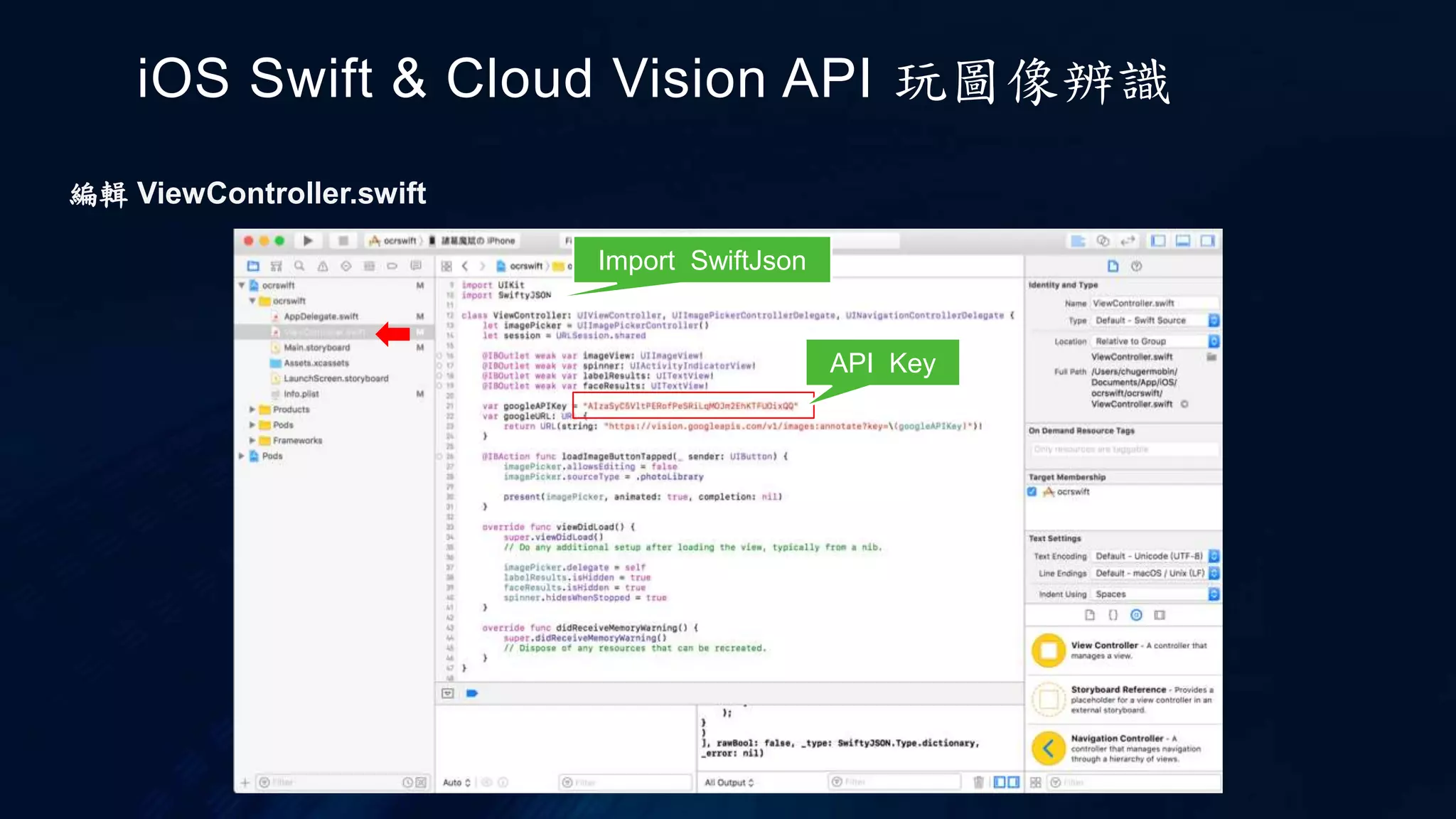 編輯 ViewController.swift
iOS Swift & Cloud Vision API 玩圖像辨識
API Key
Import SwiftJson
 