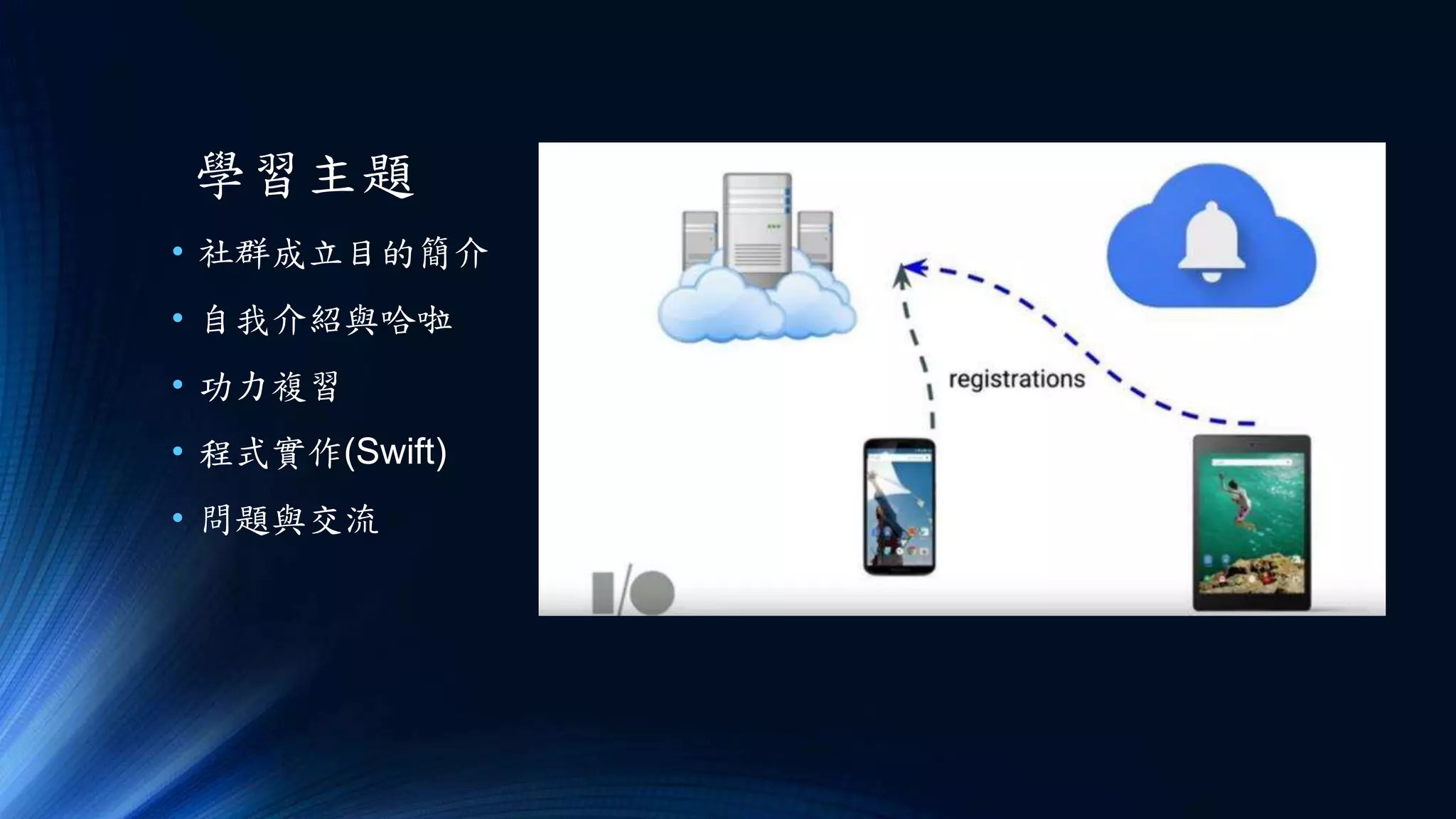 學習主題
• 社群成立目的簡介
• 自我介紹與哈啦
• 功力複習
• 程式實作(Swift)
• 問題與交流
 