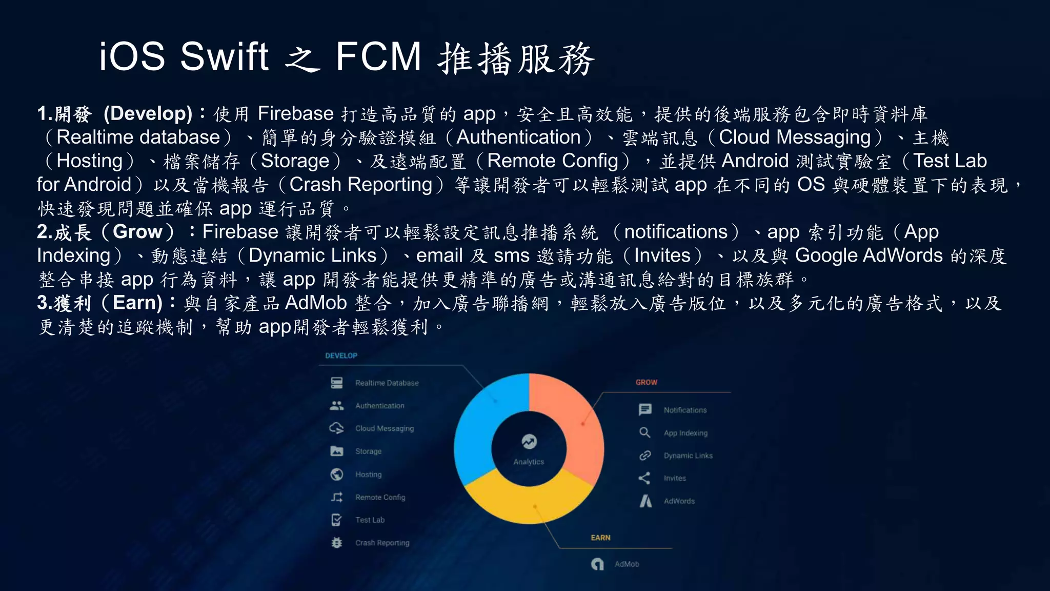 iOS Swift 之 FCM 推播服務
1.開發 (Develop)：使用 Firebase 打造高品質的 app，安全且高效能，提供的後端服務包含即時資料庫
（Realtime database）、簡單的身分驗證模組（Authentication）、雲端訊息（Cloud Messaging）、主機
（Hosting）、檔案儲存（Storage）、及遠端配置（Remote Config），並提供 Android 測試實驗室（Test Lab
for Android）以及當機報告（Crash Reporting）等讓開發者可以輕鬆測試 app 在不同的 OS 與硬體裝置下的表現，
快速發現問題並確保 app 運行品質。
2.成長（Grow）：Firebase 讓開發者可以輕鬆設定訊息推播系統 （notifications）、app 索引功能（App
Indexing）、動態連結（Dynamic Links）、email 及 sms 邀請功能（Invites）、以及與 Google AdWords 的深度
整合串接 app 行為資料，讓 app 開發者能提供更精準的廣告或溝通訊息給對的目標族群。
3.獲利（Earn)：與自家產品 AdMob 整合，加入廣告聯播網，輕鬆放入廣告版位，以及多元化的廣告格式，以及
更清楚的追蹤機制，幫助 app開發者輕鬆獲利。
 